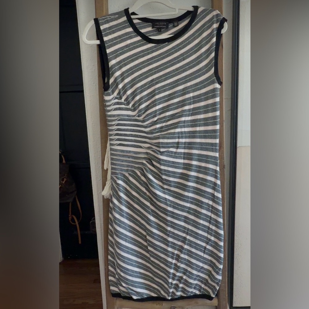 Ted Baker London Gray and White Striped Midi Dress with Side Ruching